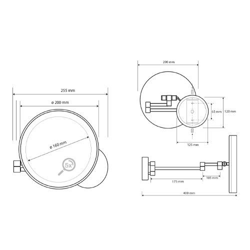 Zrcátko kosmetické pr. 160 mm s LED osvětlením, 5x zvětšovací