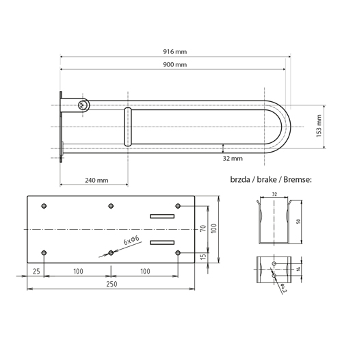 Úchyt sklopný ve tvaru U 900 mm, nerez, HELP
