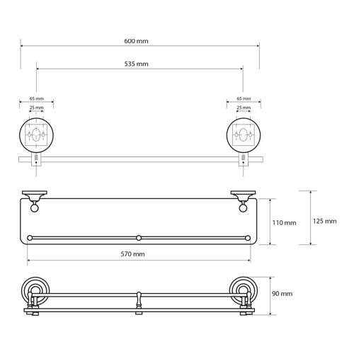 Polička skleněná s hrazdou 600 mm, matné sklo, bronz, RETRO 3