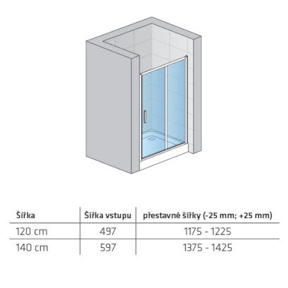 Dveře posuvné 1dílné, 1400 x 1900 mm, s pevnou stěnou v rovině, aluchrom/sklo 6 mm Durlux, úprava AP, SALIA