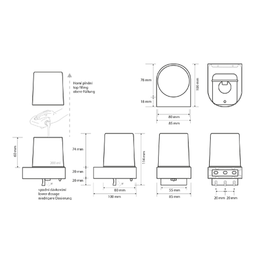 Dávkovač tekutého mýdla, sklo, spodní dávkování, OMEGA