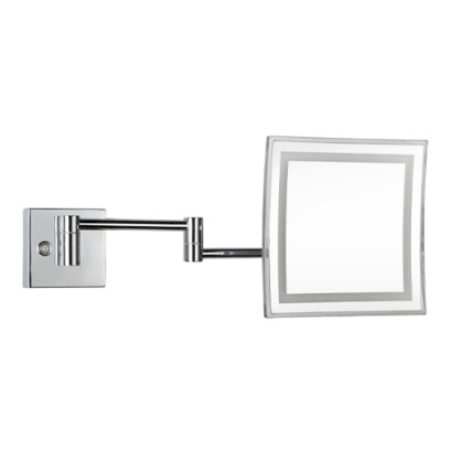 Zrcátko kosmetické zvětšovací, 225x225mm, na rameni, hranaté, s teplým i studeným osvětlením, plastový kryt