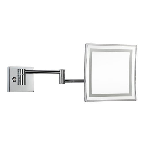 Zrcátko kosmetické zvětšovací, 225x225mm, na rameni, hranaté, s teplým i studeným osvětlením, plastový kryt