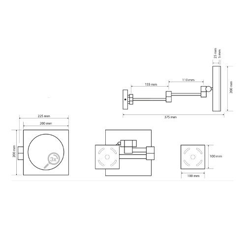 Zrcátko kosmetické hranaté s LED osvětlením, IP44, touch sensor