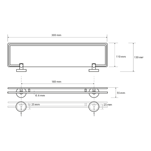 Polička skleněná s výklopnou hrazdou 300 mm, OMEGA