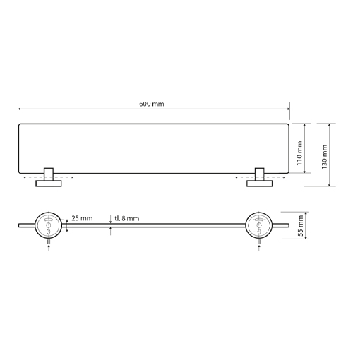 Polička skleněná 600 x 55 x 130 mm, OMEGA