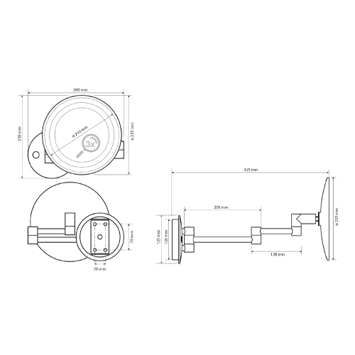 Zrcátko kosmetické 225 mm, na rameni, kulaté, s teplým i studeným osvětlením, plastový kryt