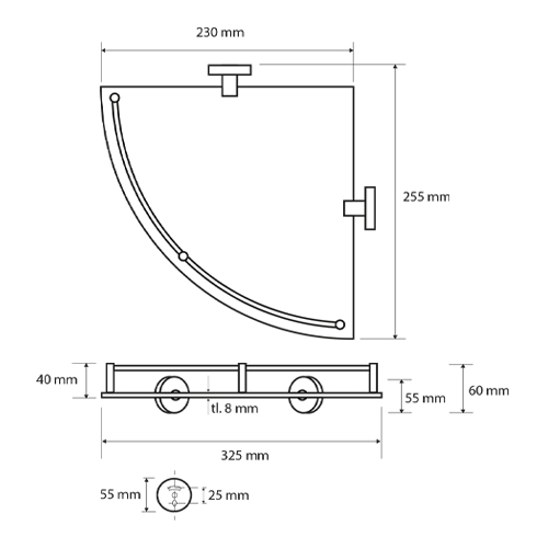 Polička skleněná rohová s hrazdou, OMEGA