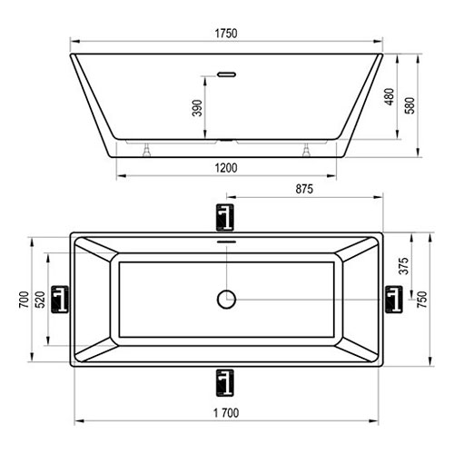 Vana 1750x750 mm, volně stojící, pravoúhlá, skosená,  FREEDOM R