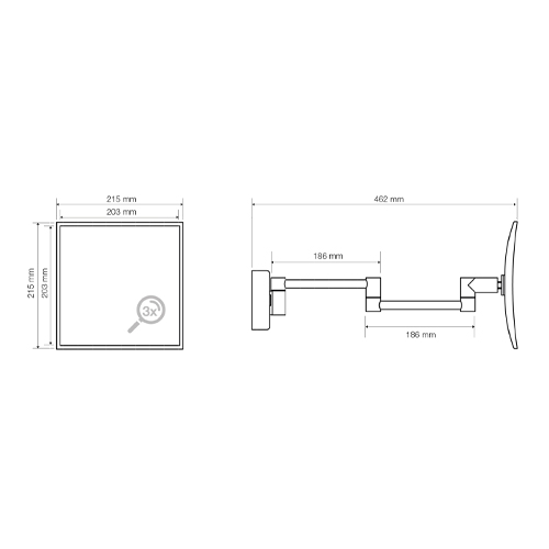 Zrcátko kosmetické, 5x zvětšovací, 215 mm, na rameni, hranaté, bez osvětlení, plastový kryt