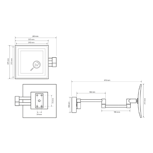 Zrcátko kosmetické zvětšovací, 225x225mm, na rameni, hranaté, s teplým i studeným osvětlením, plastový kryt