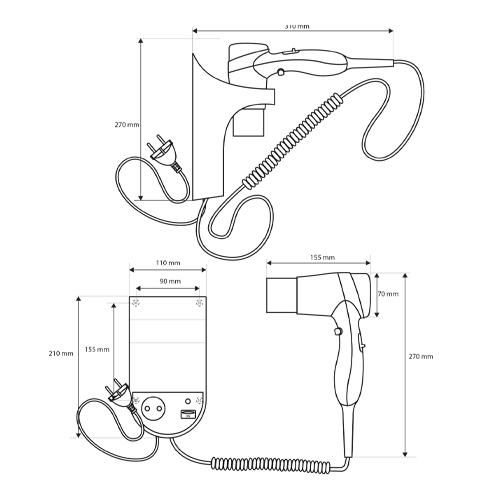 Fén s držákem a zásuvkou,černý