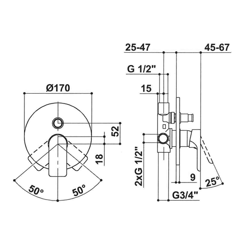 Baterie sprchová podomítková s přepínačem, TORINO, vč. podom. tělesa