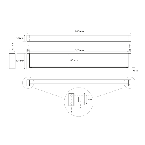 Polička skleněná 600 x 36 x 90 mm, chrom, GAMMA
