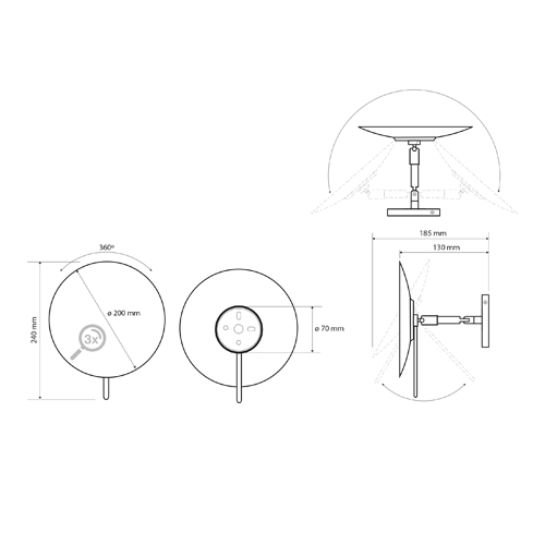 Zrcátko kosmetické pr. 200 mm jednostranné s kloubem 360°, 3x zvětšovací