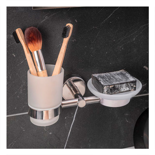 Držák kartáčků a mýdlenka, nerez/sklo, povrch lesklý
(SLZD 17)