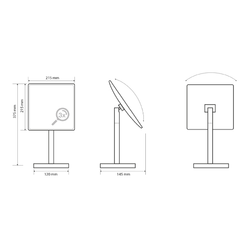 Zrcátko kosmetické zvětšovací, 215x215mm, na postavení, hranaté, bez osvětlení, plastový kryt