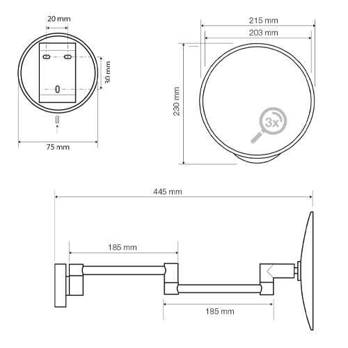 Zrcátko kosmetické 215 mm, na rameni, kulaté, bez osvětlení, plastový kryt
