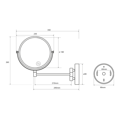Zrcátko kosmetické pr.180 mm oboustranné, 3x