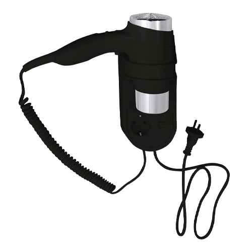 Fén s držákem a zásuvkou,černý