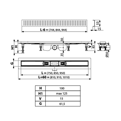 Žlab plastový 950 mm komplet s roštem, 63 l/min, st. výška 85 mm, TRINNITY