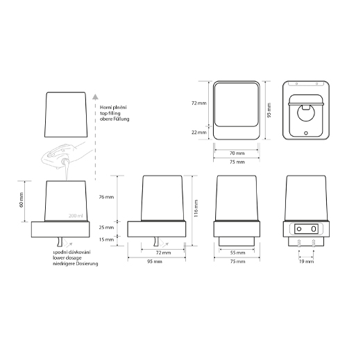 Dávkovač tekutého mýdla, sklo, spodní dávkování, SOLO