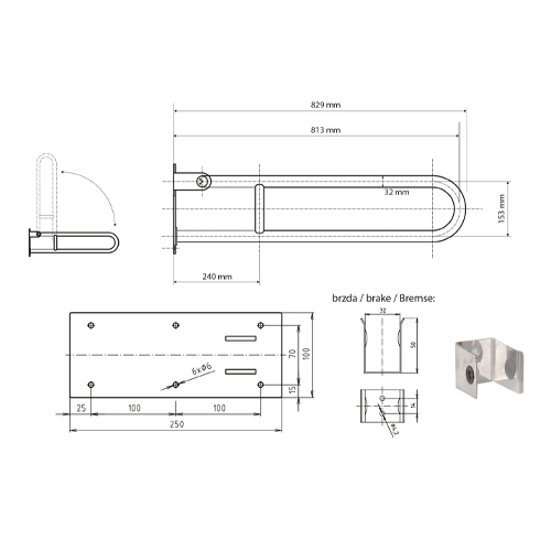 Madlo sklopné invalidní délka 845mm, komaxit bílý#
