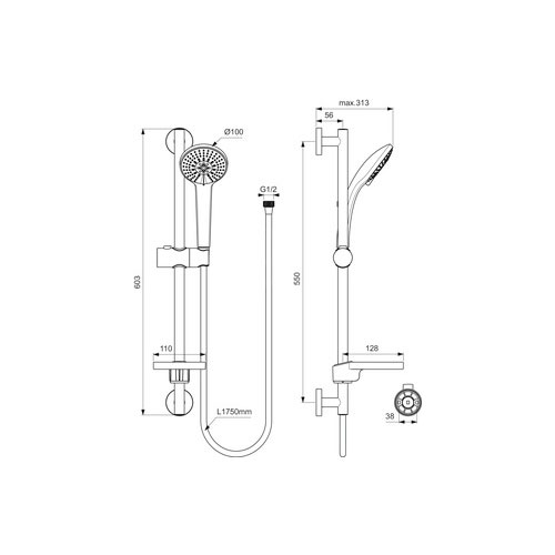Kombinace sprchová 60 cm M3 s 3 funkční ruční sprchou pr. 10 cm, chrom, IDEALRAIN